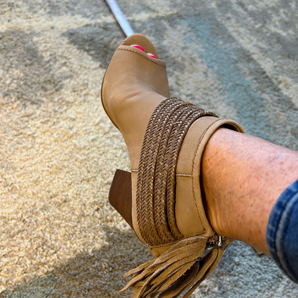 Cutest taupe leather booties ever. 3.5” heel.